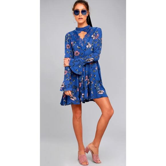 Lulu’s Mini Dress “New You” Royal Blue Floral Lace Detail Long Sleeve Size Large - Picture 1 of 16
